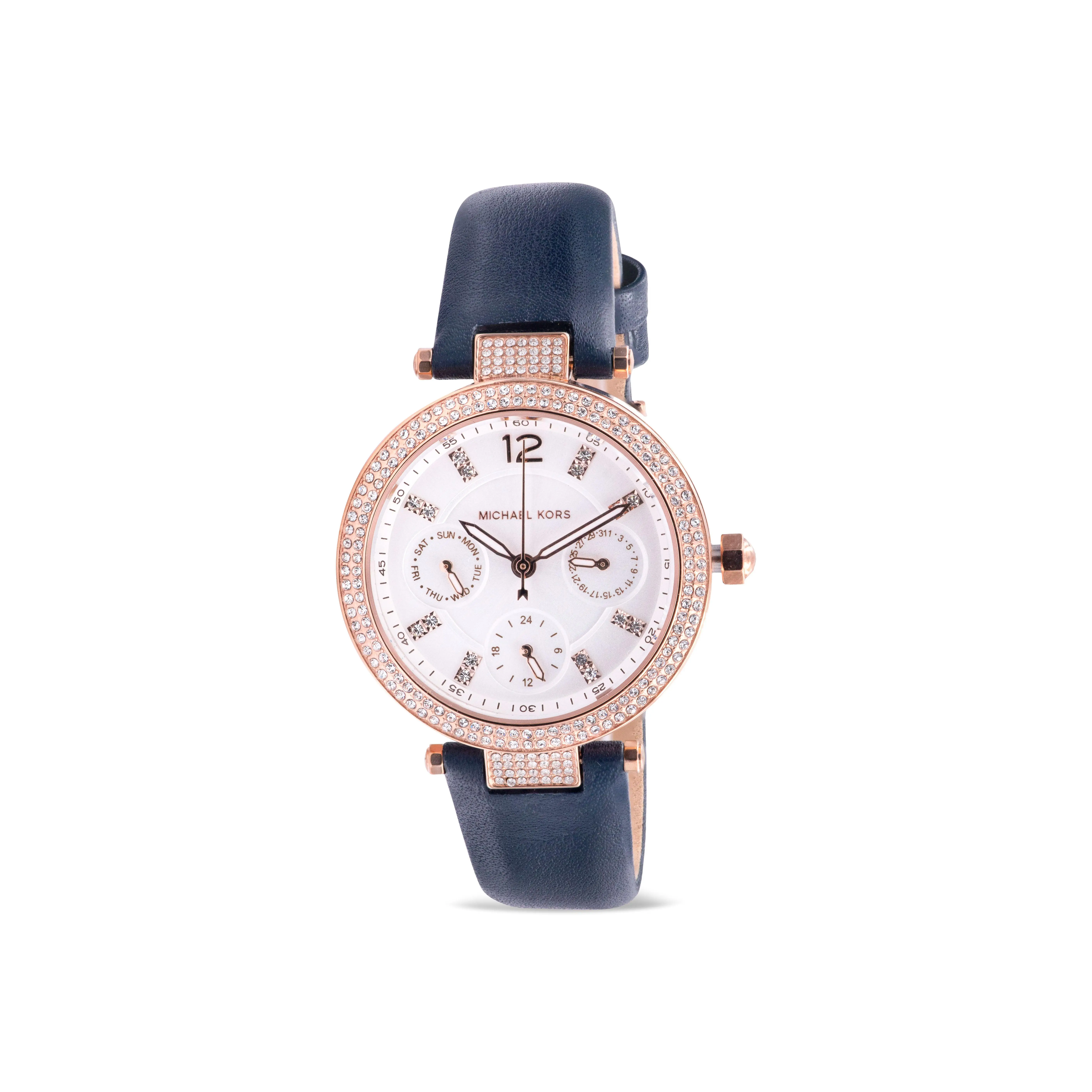 Michael Kors Parker Multifunction Fashion Women's Watch - Navy Leather, Day Date, 30M - 50M Water Resistance, Rose Gold Wrist Watch for Ladies, MK2915
