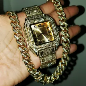 MaxBling81 Men's Hip Hop Gift Set, Gold-Plated Iced Square Analog Watch & 13mm 20" Cuban Chain Necklace with Box Lock