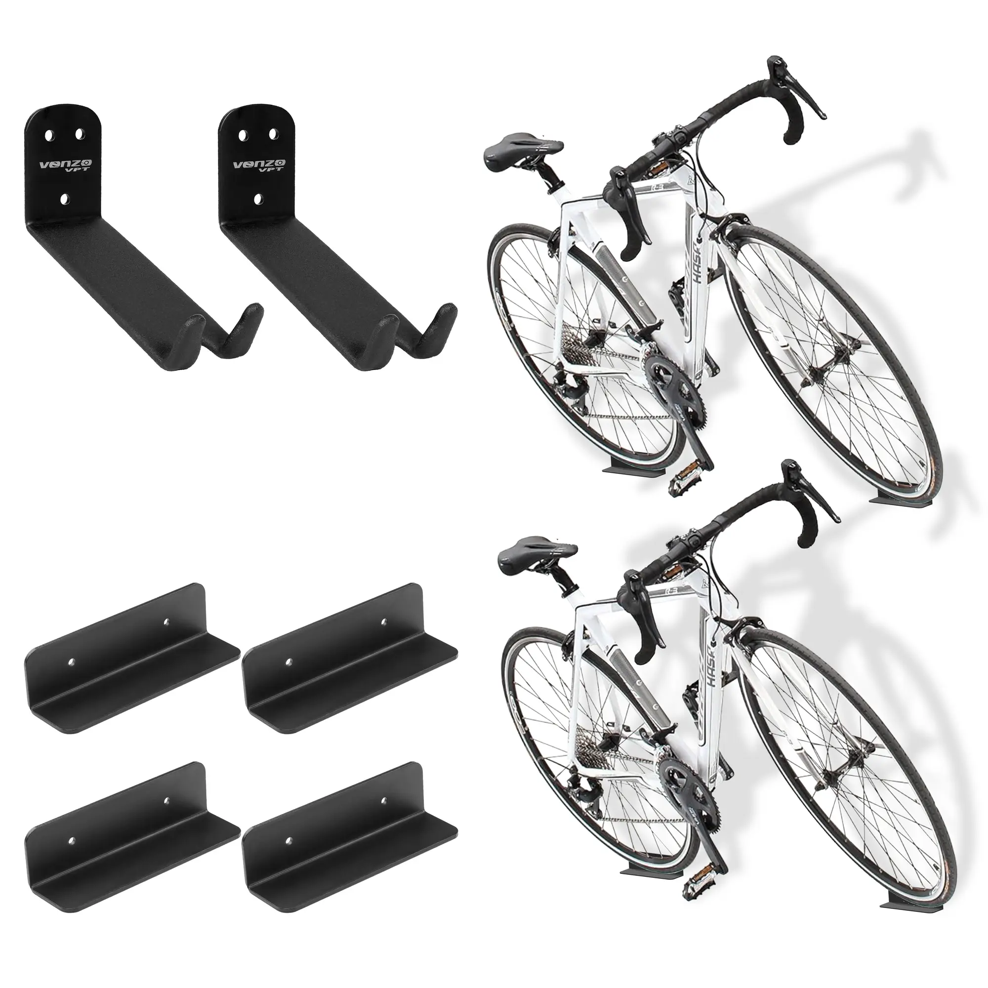 Venzo 2 Pack Heavy Duty Steel Bike Pedal Wall Hanger, Indoor Storage Rack for Adults' Bicycles, Easy Installation for Garage or Shed, Includes Tire Brackets & Anchors, Wall Mount, Bike Storage, Stackable Hooks, Functional Rack, Fits Most Bikes
