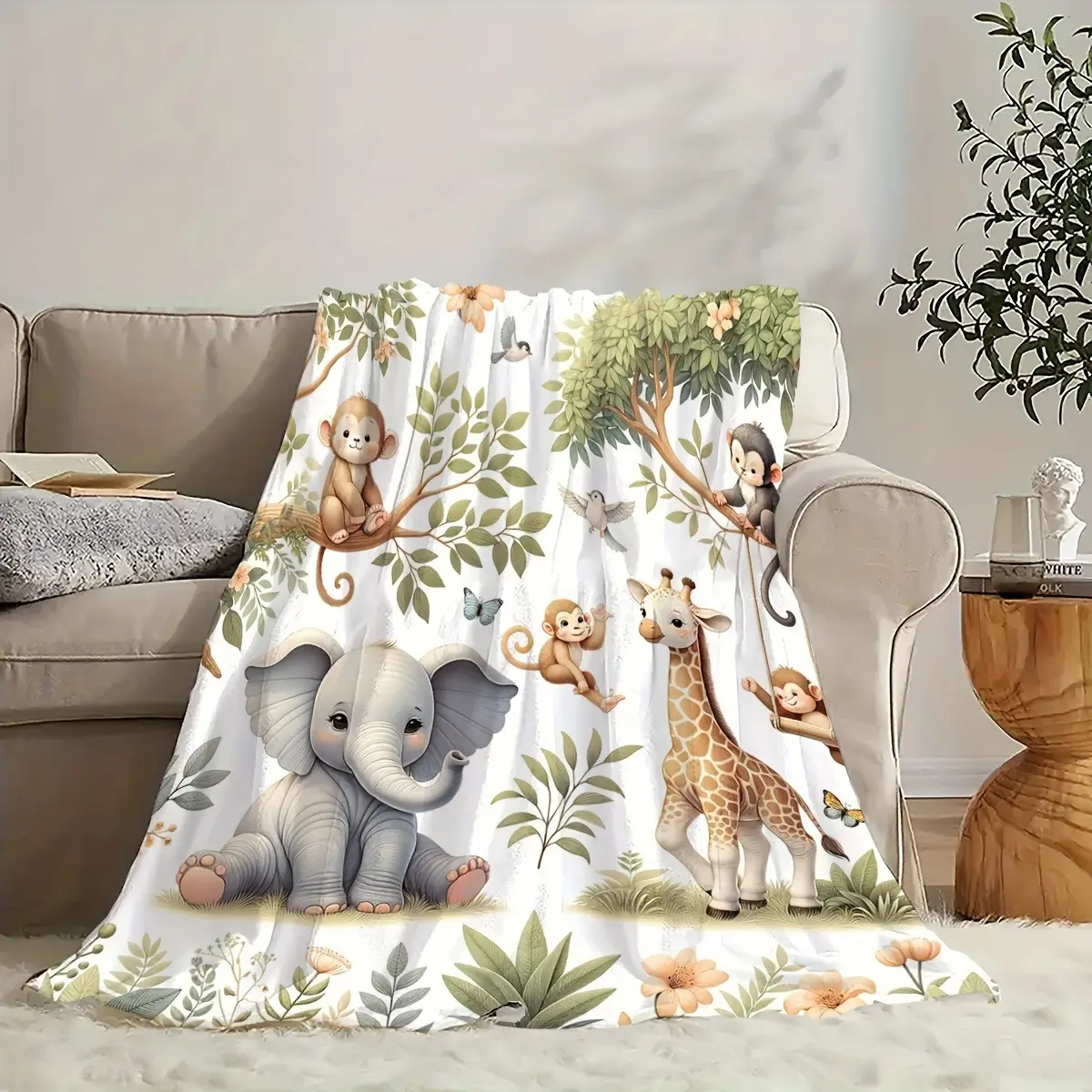 Watercolor Safari Jungle Animals Flannel Fabric Baby Blanket - Soft, Durable Body-Warming Throw with Elephant & Giraffe, Monkey Prints, Multi-Size Nursery Crib Cover for Infants, Ideal for Nap Time, Legs Stay Warm, Newborn Shower Gift