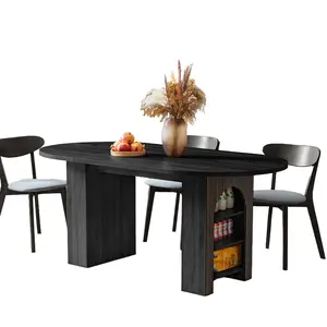 Giratree 70.8" Oval Dining Table for 4–6 with Dual Side Storage Shelves, Modern Farmhouse Wooden Kitchen Table with Carved Base, Large Dinner Table for Dining Room, Kitchen, Living Room, Reception Area