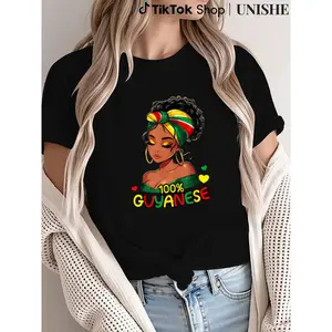 Classic 100% Cotton Women's T-Shirt with Guyana Flag Colors and Messy Bun Girl