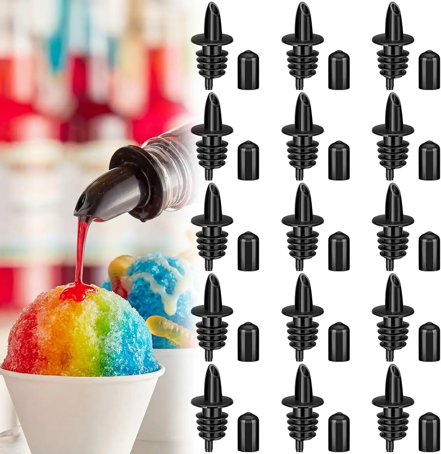 30 Pcs Sturdy Bottle Pourers with Rubber Dust Cap Covers, Traditional Stopper Dispenser Accessories for Snow Cone Syrup, Alcohol Liquor - Ideal for Birthday Celebrations
