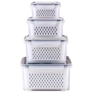 4 Pack Large Fridge Food Storage Container Set with Lids with Strainer, Fruit Vegetable Storage Containers Keep Fruits, Vegetables, Berry, Meat Fresh longer , BPA-Free Plastic Produce Keepers