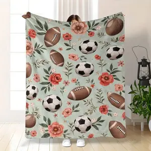 Comfortable USA Football Floral Flannel Blanket Soft Warm Vintage Style Ideal for Sofa Bed Travel Office Perfect for Game Days Christmas Made in USA Personalized Photo lola blush home comfort Coquette Gift Funny Face birthday celebration