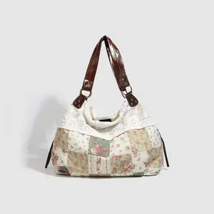 2026 New Mori Girl Style Vintage Floral Patchwork Fabric Bag with Retro Lace Trim