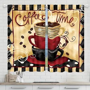 "Coffee Time" Geometric Coffee Mug Curtains - 2pcs, Pocket Rod Installation, Digital Print, Semi-Transparent Polyester, Suitable for Living Room, Kitchen, Bedroom, Study, Bathroom, Dining Room, Entryway, Home Decor Foldable Colorful Divider