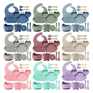 9pcs silicone baby feeding set, including suction cup bowl, divider plate, spoon, fork, sippy cup, adjustable bib, self-feeding toddler tableware set, suitable for 0-3 years old, suitable for babies to eat independently