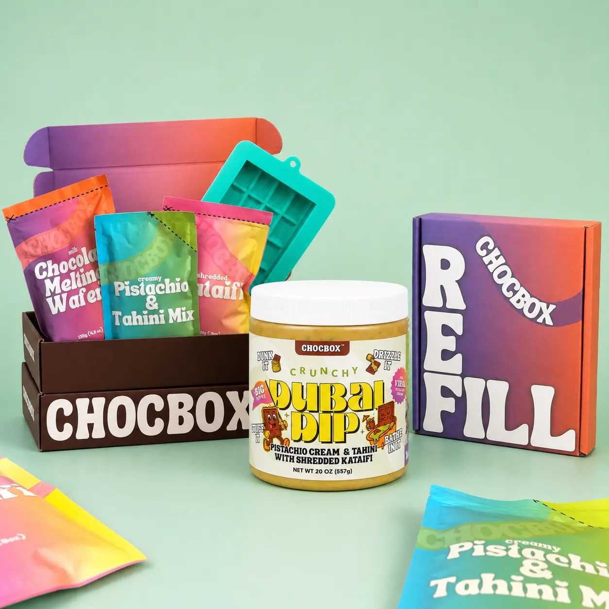 BOGO Dubai Chocolate Snack Kit - Chocbox, 8oz/20oz Crispy Crunchy Dubai Dip, Free Refill Kit with Melting Wafer, Pistachio Cream, Nuts, 1-10 Pack Choice