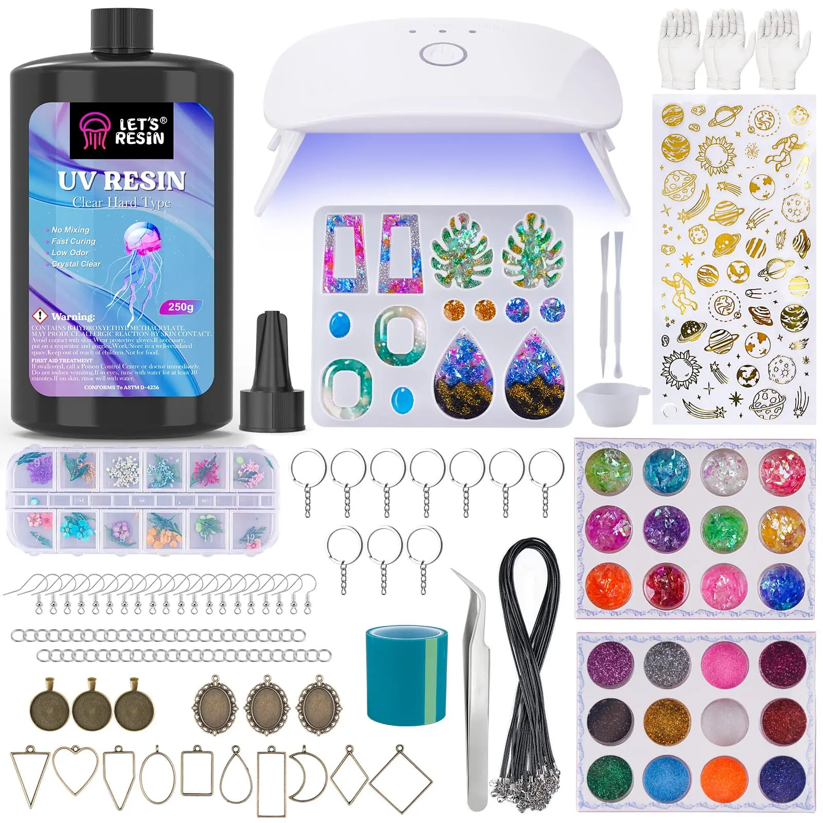 UV Resin Jewelry Making Kit - LET'S RESIN 153Pcs Crystal Clear 250g UV Resin Kit with Light, UV Resin Molds, Resin Starter Kit for Beginners, Beginner-Freindly Keychain & Earring Making, Craft Decor, Christmas Gift - LET'S RESIN