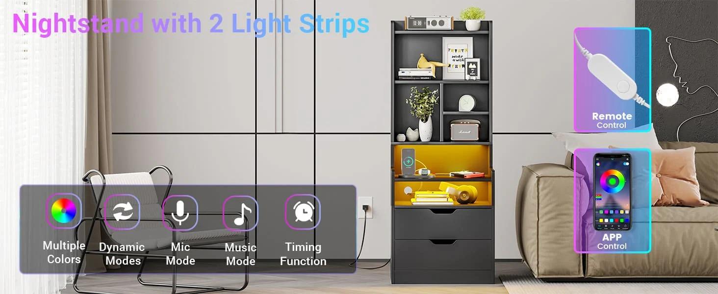 Sikaic LED Tall Nightstand with Bookshelf Charging Station Modern Bedside Table with 2 Storage Drawers and Open Storage Space