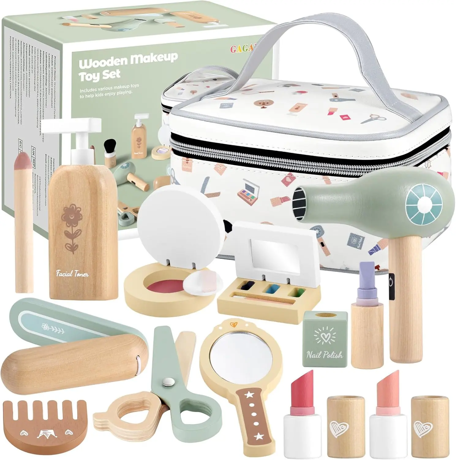 GAGAKU Solid Wood Portable Pretend Play Makeup Toy Set for Toddlers Ages 3-8, 16 Realistic Accessories Including Lipstick, Perfume & Mirror, Ideal Dress-Up Gift for Girls