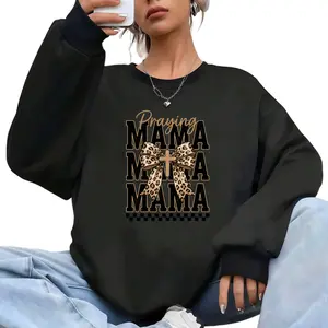 Long Sleeve Christian Leopard Bow Cross Sweatshirt for Praying Moms
