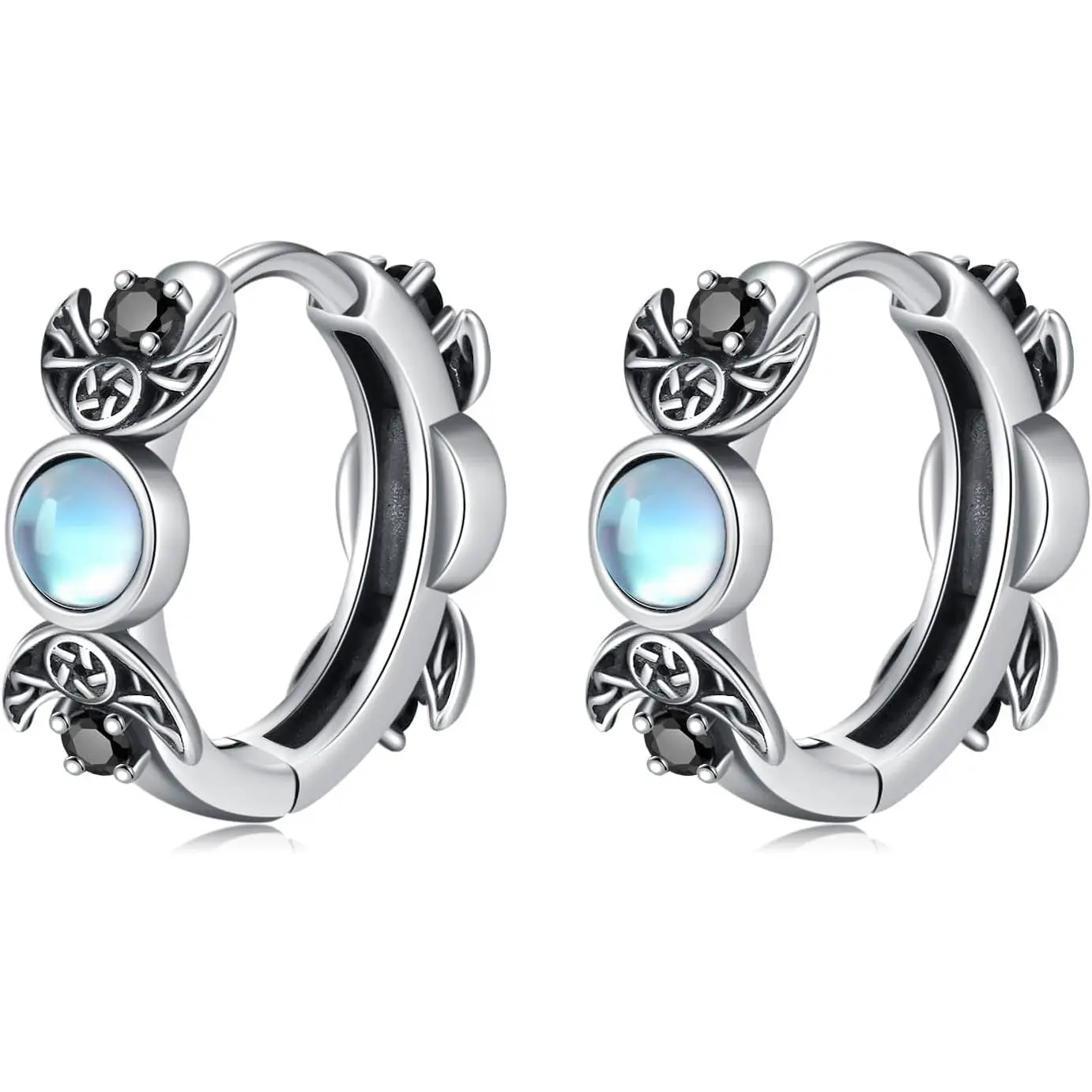 DRINSPER Triple Moon Goddess Earrings for Women, 925 Sterling Silver Hecate Moonstone Hoop Earrings with Celtic Knot Design Pagan Wiccan Jewelry, Spiritual Protection Talisman Jewelry Gift for Witchy Style Lovers