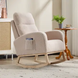 Modern Accent Rocking Chair with Solid Wood Legs Upholstered Nursery Glider Rocker Comfy Armchair with Side Pocket Living Room Lounge Arm Chair High Backrest Non-Slip Foot Pads High-Density Sponge everywhere  gaming chair