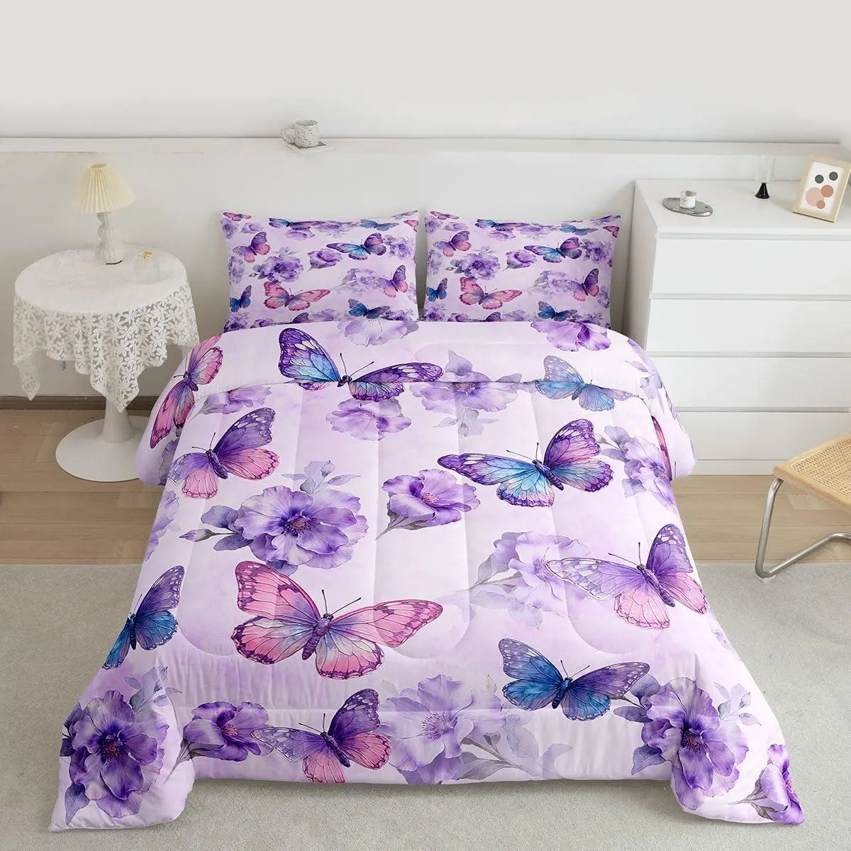 Purple Butterfly Bedding Set,Floral Comforter Set Garden Flower Duvet Quilt Microfiber Spring Bedroom Decor