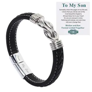 Son's Infinity Knot Bracelet, To My Son Infinity Knot Leather Bracelet From Mom Forever Linked Together Bracelets for My Son Stainless Steel Engraved Jewelry for Son Boy