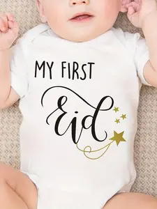Unisex Newborn Short-Sleeve Triangle Onesie, Slogan "My First Eid" Letter Print, Breathable Baby Bodysuit for Outdoor Use, Ramadan Festival Commemorative Climbing Clothes