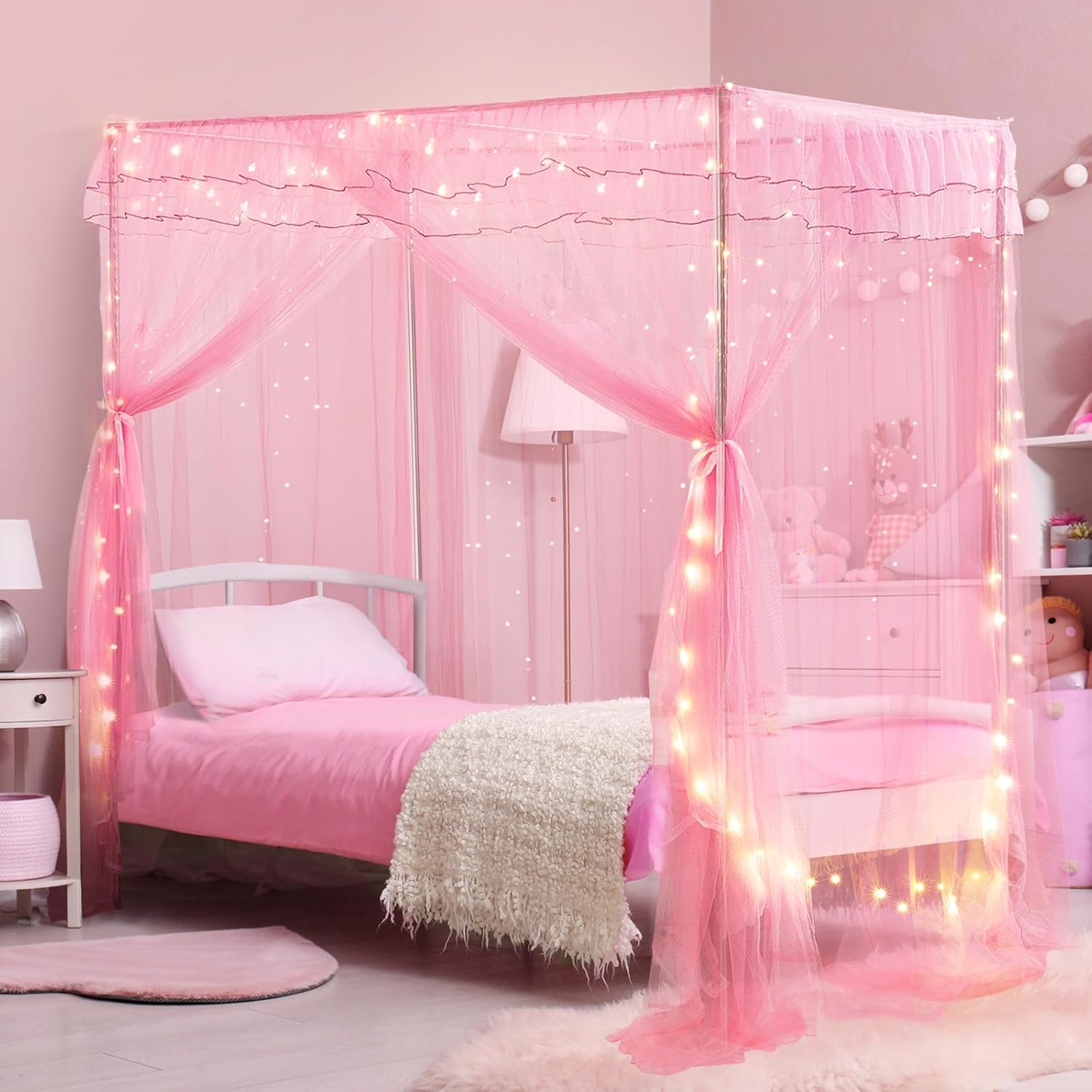 Twin Bed Canopy with Lights, Bed Canopy for Girls Princess with Luminous Stars, Canopy Bed Curtains for Twin Bed Kids Adult Indoor Decor Bedroom, 4 Corner Post Bed Canopy for Student Dormitory, Pink Twin Bed Canopy with Lights, Bed Canopy for Girls Princess with Luminous Stars, Canopy Bed Curtains for Twin Bed Kids Adult Indoor Decor Bedroom, 4 Corner Post Bed Canopy for Student Dormitory, Pink