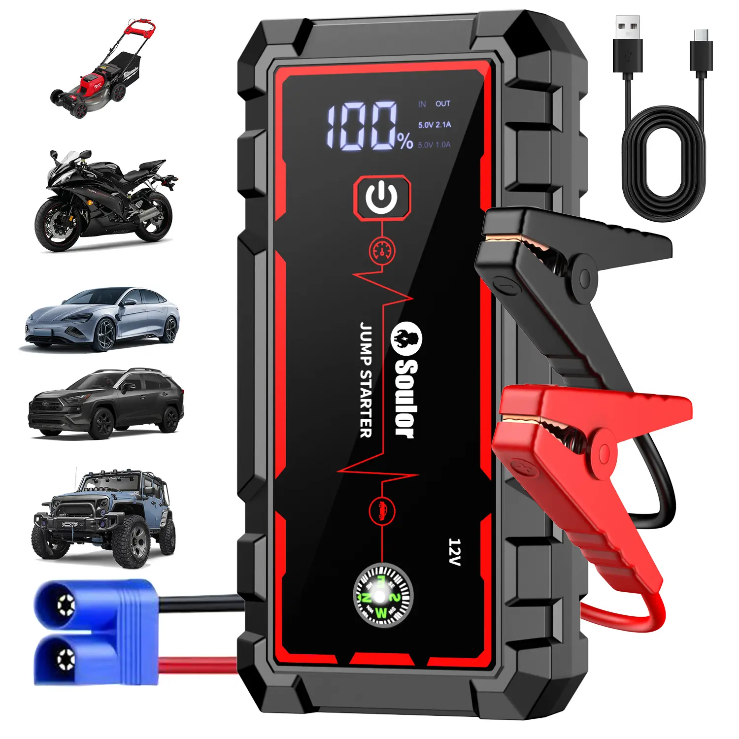 Soulor 8000mAh Portable Car Jump Starter, 12V Battery Booster Pack with LED Emergency Light, LCD Display, Power Bank for Phones & Tablets, Heavy-Duty Jumper Clamps, for Cars, SUVs, Trucks & Motorcycles
