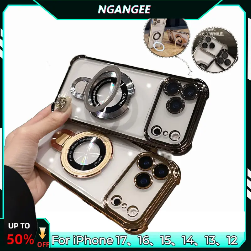 [2nd Big Deals]NganGee Protective Four Comers thicken Cushion Drop-proof Clear Platic magsafe  Phone Case Comes with Sticky Stand Olated Clear Bracket Phone Case for iPhone12-17 Cover with Kickstand Four Corners Cases clear kickstand