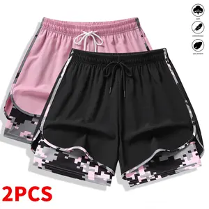 Women’s casual athletic shorts, 2-pack; lined; drawstring; elastic waistband; suitable for outdoor sports, fitness, running, and casual wear; women’s shorts; athletic shorts; womenswear