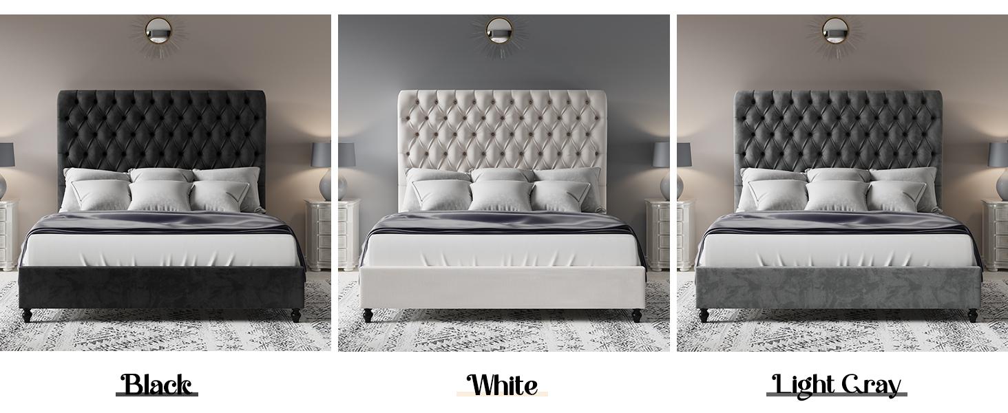 VanAcc Bed Frame with Sleigh Headboard 60" Tall Velvet Upholstered Platform Bed, No Box Spring Needed/Christmas Gift