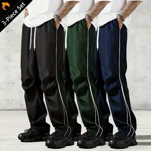 Men’s 3-Pack Premium Striped Athletic Long Pants – Stylish, Versatile Design with Drawstring Cuffs, Soft, Skin-Friendly Fabric, Simple and Comfortable Fit; Suitable for Gym Casual Wear, Ideal for Outdoor Activities Year-Round loose-fitting men