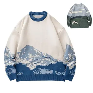 Gihuo Unisex Men Women Oversized Dinosaur Pattern Casual Cable Knit Pullover Soft Cotton Crewneck Sweater Long Sleeve B-Black Knitted Outfit for Spring Fall Winter