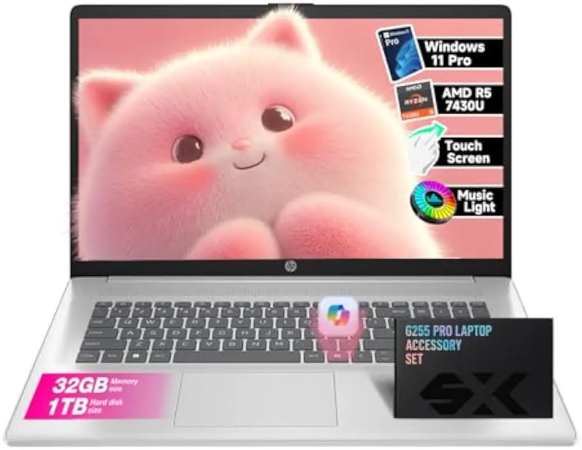HP 17-in Touchscreen 2-in-1 Laptop, AMD Ryzen 5 7430U, Up to 64GB RAM, Up to 2TB SSD, Windows 11 Pro, Built-in Copilot Key, Comfort Keyboard, Wi-Fi 6, for Business & Home Use, with Accessories
