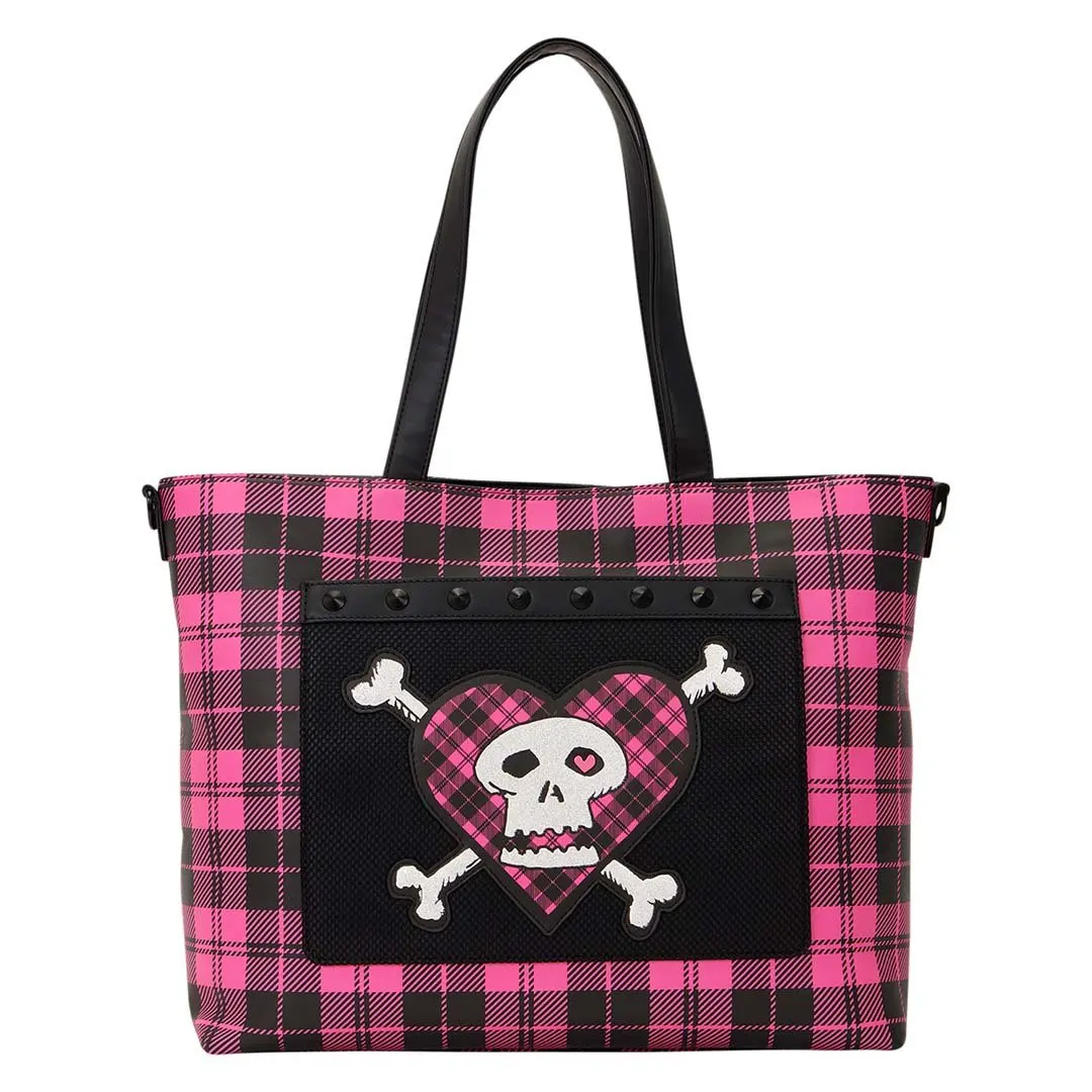 Loungefly Avril Lavigne Studded Plaid Faux Leather Tote Crossbody Bag for Women with Skull Graphic and Detachable CD Coin Bag, Studded Decor Bag, Tote Bags