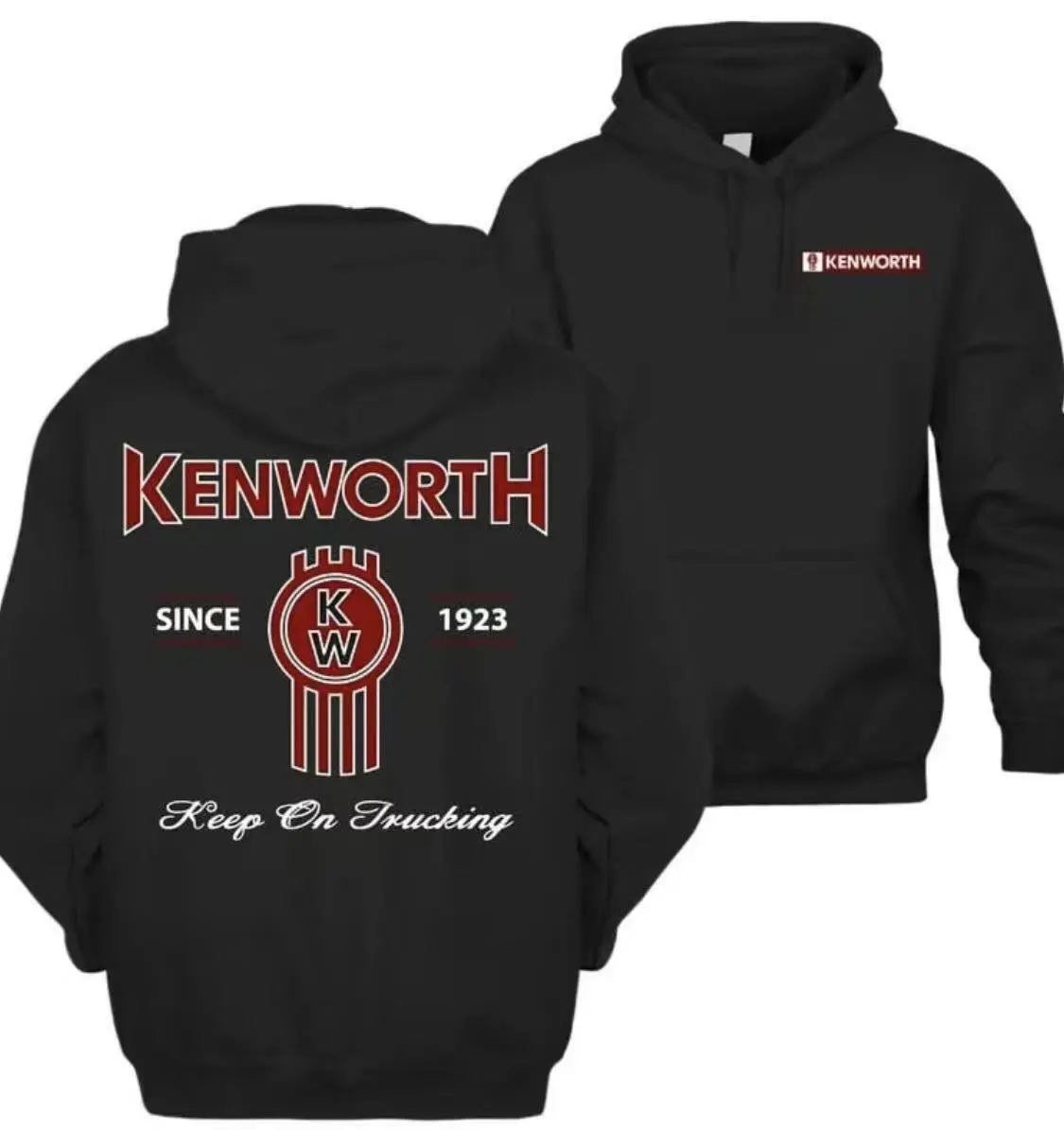 Men's Unisex Kenworth Logo Long Sleeve Graphic Hoodie - 1923 Trucker Pullover, USA-Made Soft Cozy, Fall Winter Vintage Streetwear, Semi Truck-Inspired Top, Halloween Thanksgiving Easter Valentines Day Outfit Inspiration