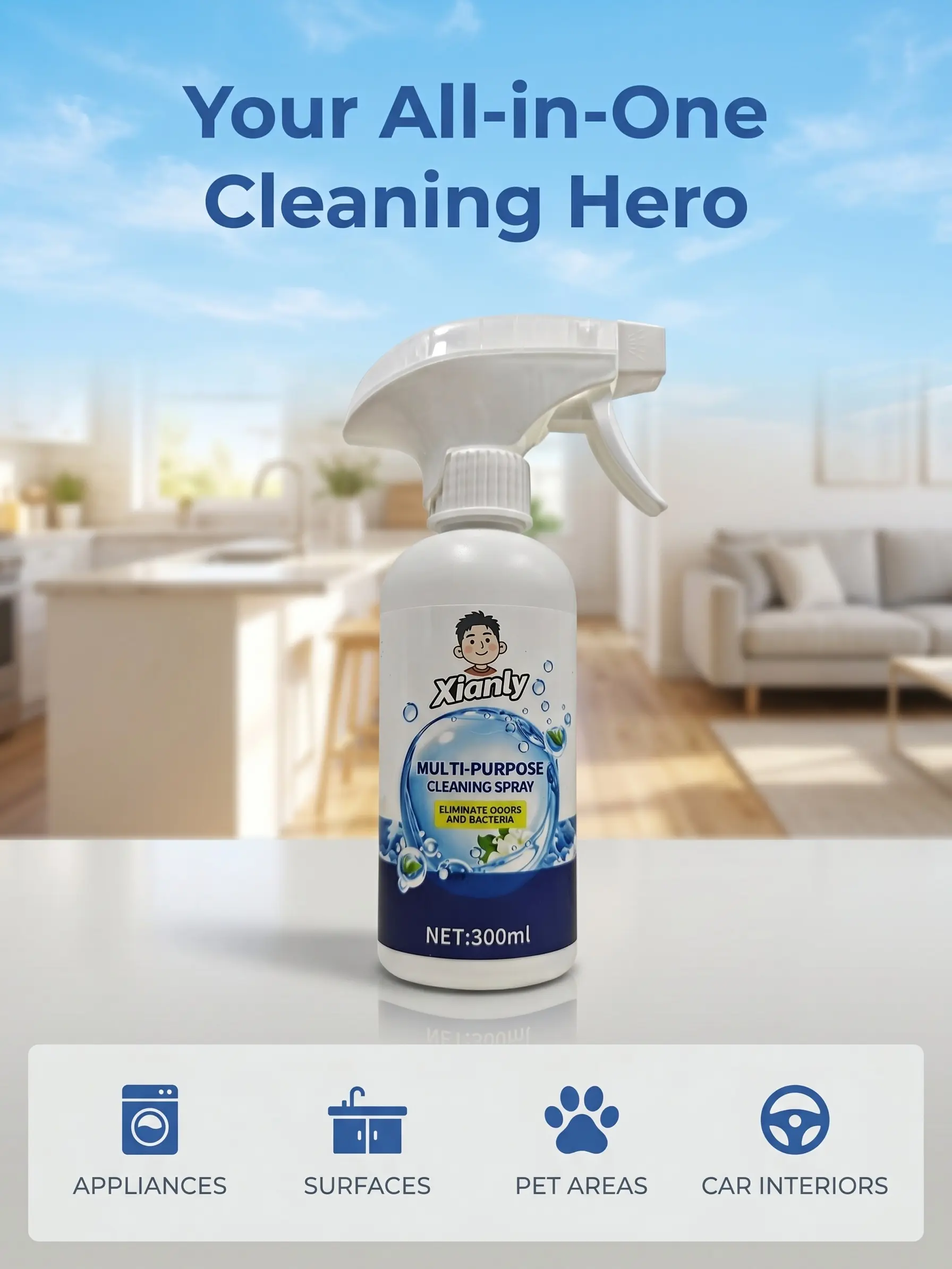 XIANLY Multi-Purpose Cleaner – Bathroom & Kitchen Cleaner Spray, Removes Soap Scum, Hard Water Stains & Grease, All-Purpose Cleaning Spray for Sink, Shower, Tub, Stove & Range Hood