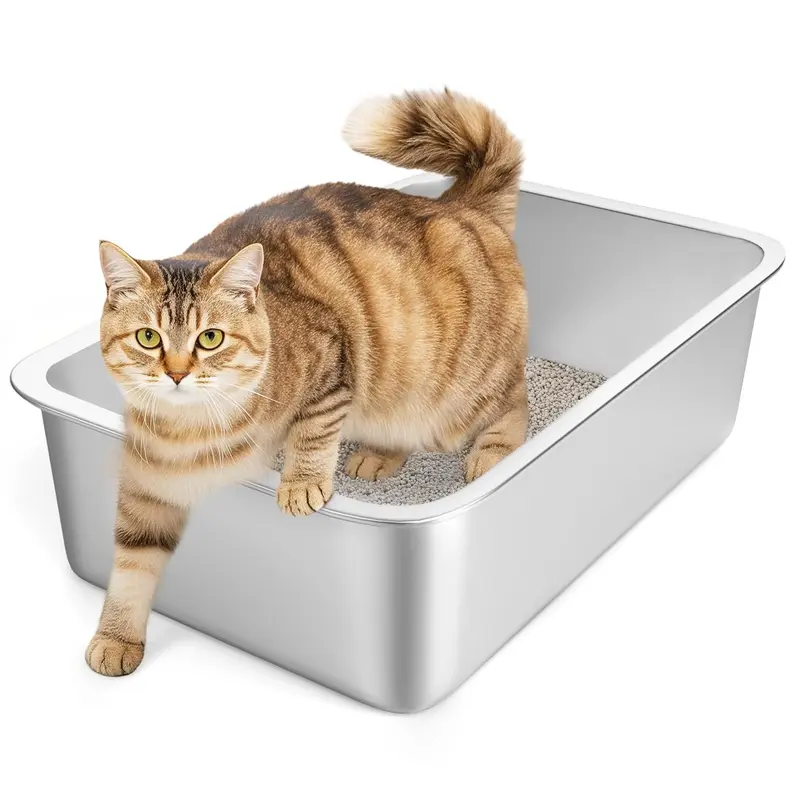 Pawaboo Stainless Steel Cat Litter Tray - 18''X14''X6''" Roomy Box, 17L High-Side Metal Pan with Non-Slip Pads, Smooth Edge, Easy-Cleaning, Litter-Stick Prevention, Minimises Risk of Infections for Small Cats,familyfun