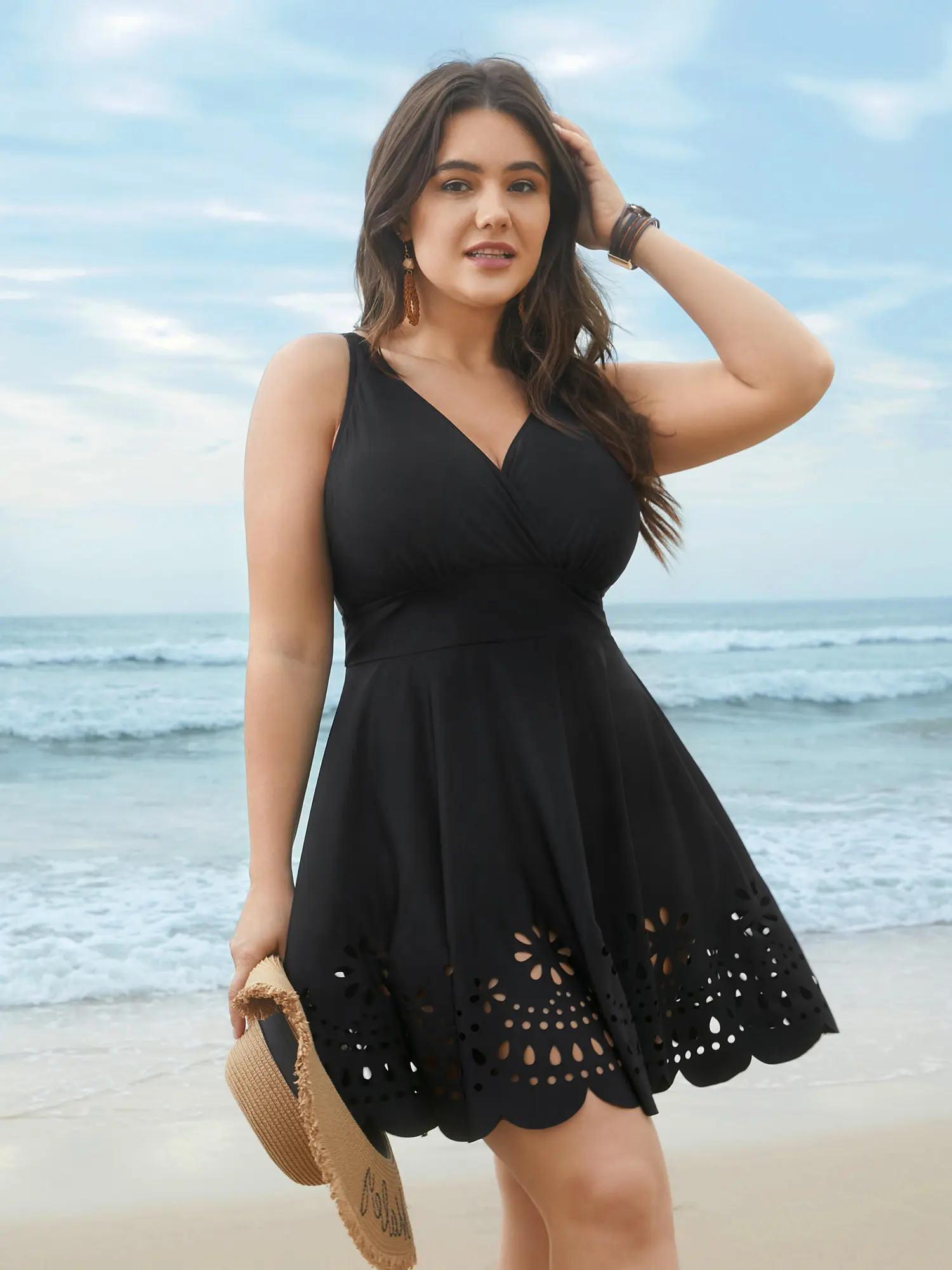 BLOOMCHIC Plus Size Laser Cut Surplice Neck Waist-Cinch Swim Dress, Plus Size Swimsuits with Bodycon Cut, Built-In Bottom, Resort Look, Tummy Control, M-6X Plus Sized Bathing SuitsSummerfinds