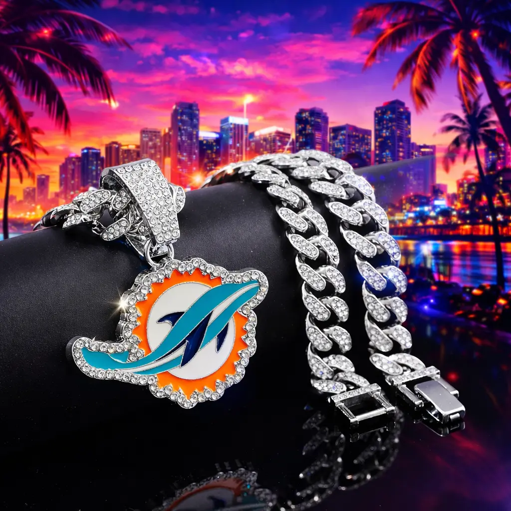 Football Dolphin Charm Necklace for Men, Iced-Out Cuban Link Iced Out Chain, Colorful Enamel Details Hip Hop Jewelry for Rappers, Nightlife, Birthday