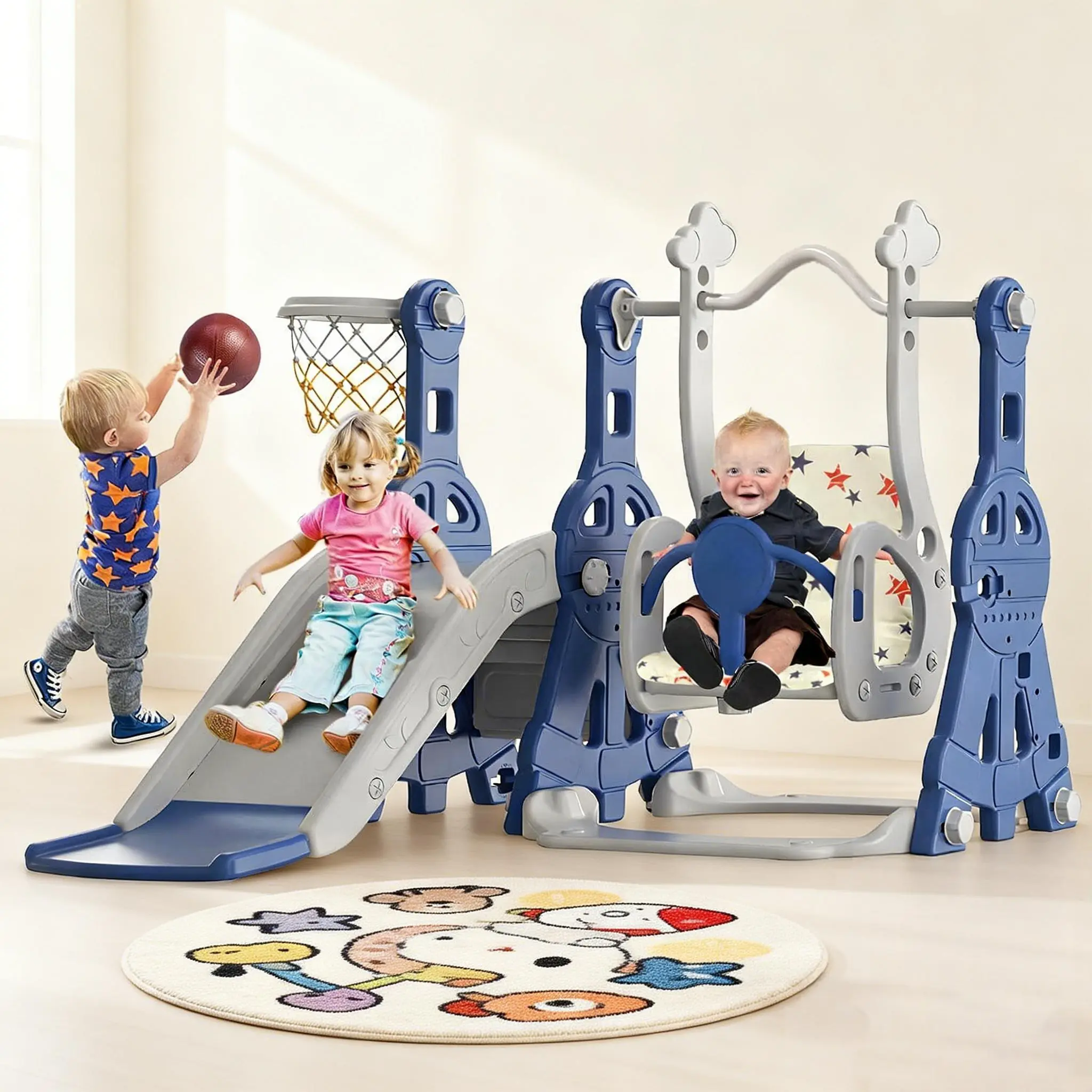 BIERUM Unisex 4-in-1 Toddler Slide Playset - Safe Playground Equipment with Swing Set, Basketball Hoop, ASTM and CPSIA Certified HDPE, Detachable Cushion, Encourages Balance, Indoor/Outdoor (57.2"x47.2"x33.8") for 1-3 Yr Olds, Birthday Gift, Sports