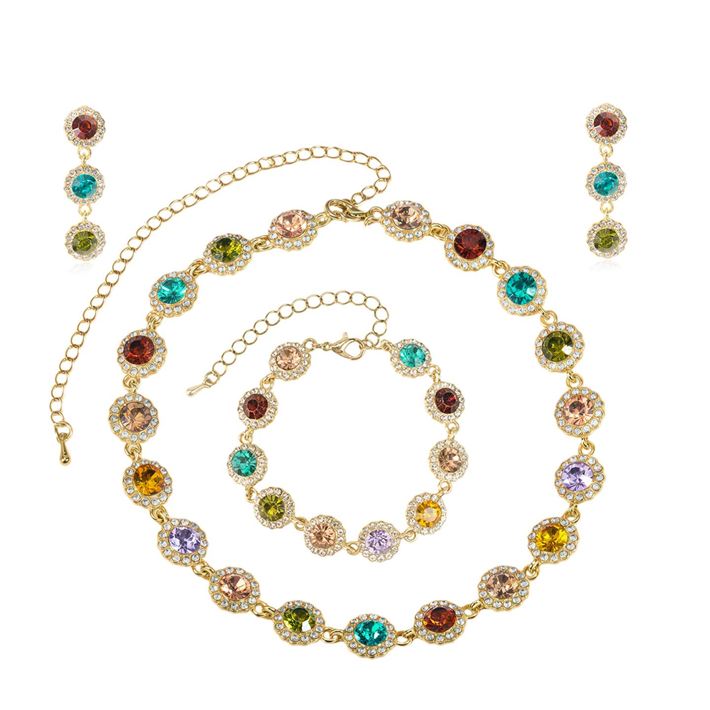 GGIRL Colorful Rhinestone Jewelry Set - Multi Color Bracelet & Shining Earrings - Stackable Choker Necklace - Unisex Daily Wear Gift Party Accessory for Various Festivals Fashion Jewelry Gift for Holiday Haul Christmas Birthdays Anniversaries