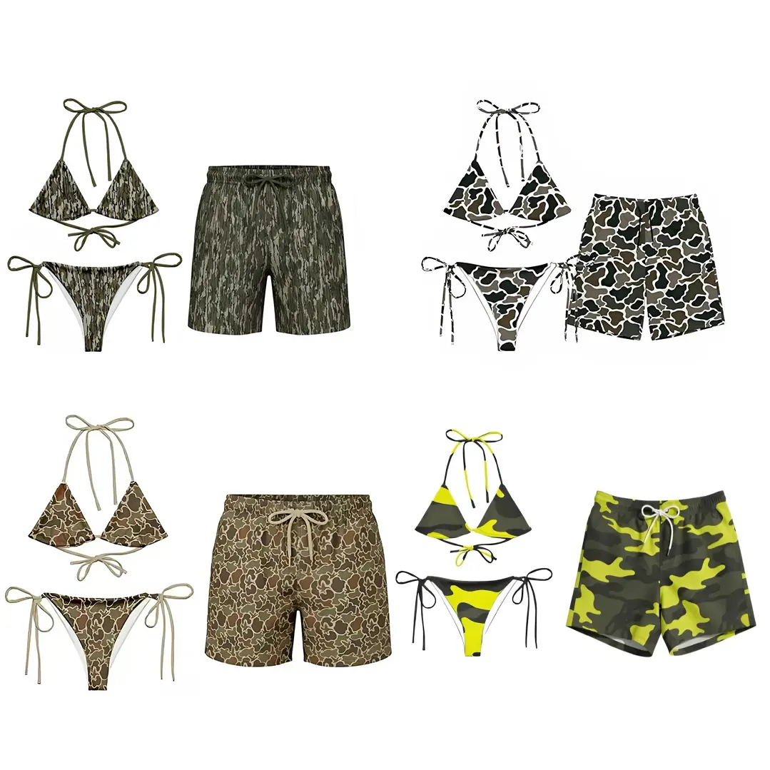 Matching Monster Floral Couple Swimwear Sets - Women's Swim Bra & Tie-Side Thong Bikini, Men's Beach Shorts, Summer Vacation Hawaiian Sports Swimwear