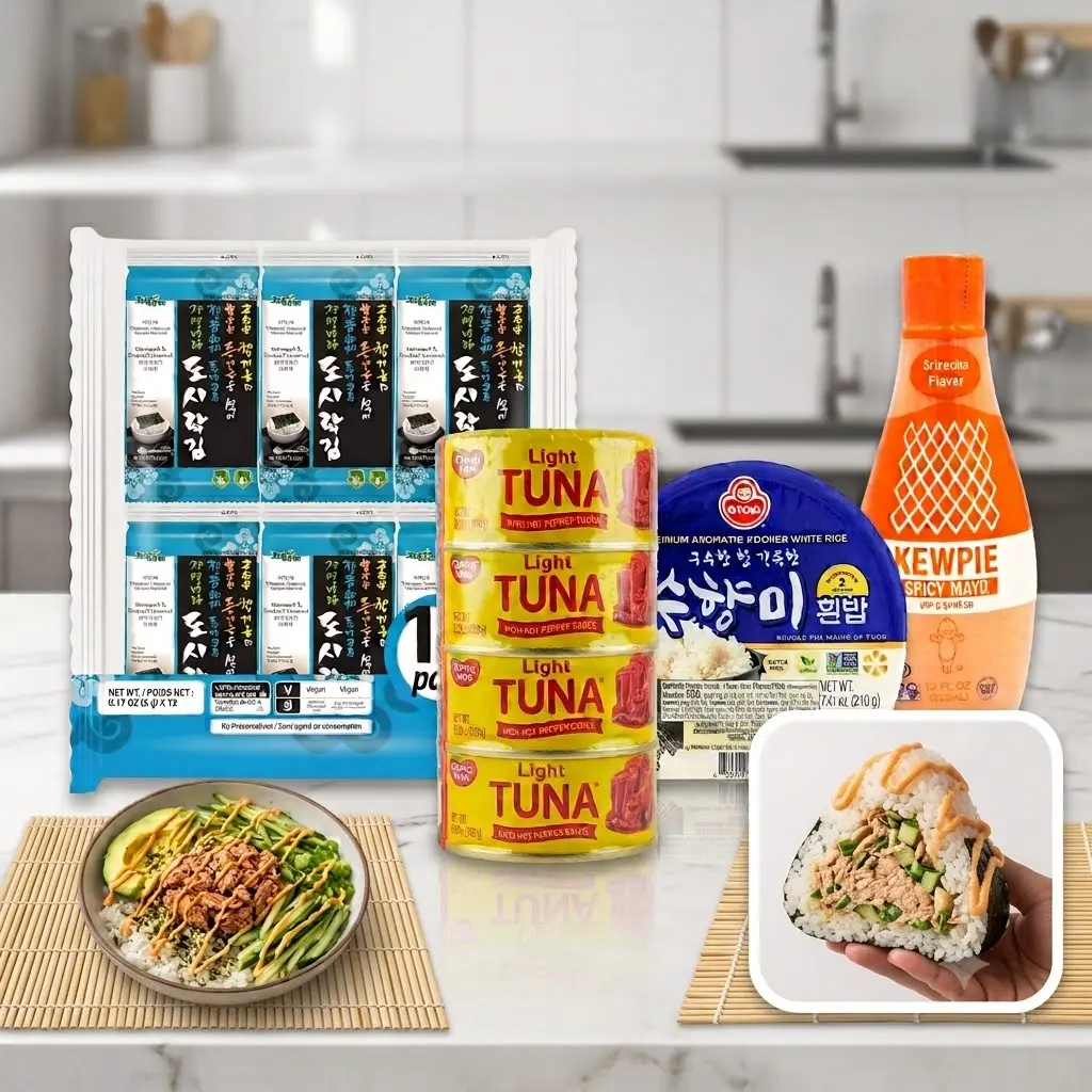 Spicy Tuna Bowl & Onigiri Meal Kit: Jayone Seaweed12pcs, Dongwon Tuna4packs, Instant Rice, and Kewpie Sriracha Mayo- 4pc Value Pack