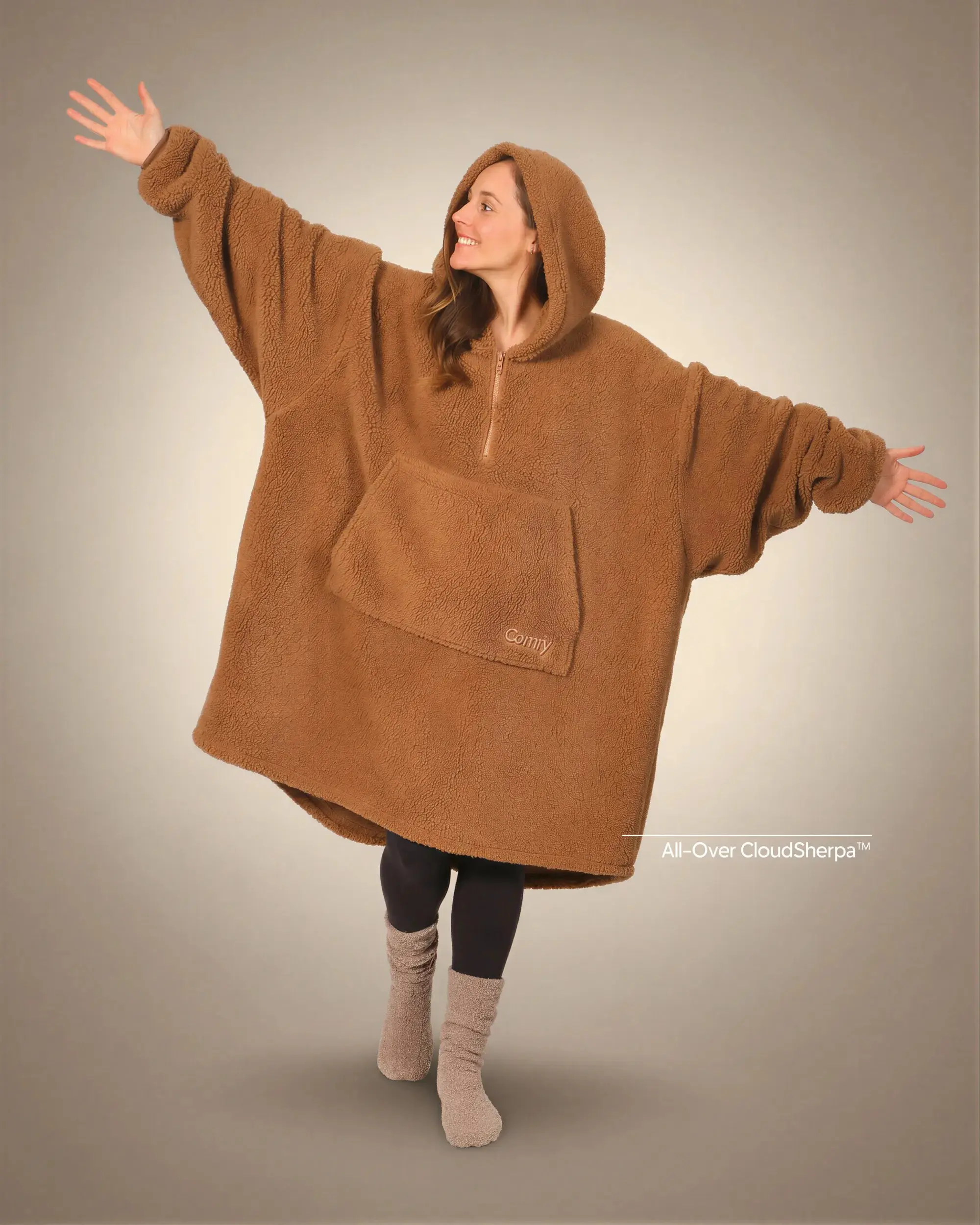 THE COMFY Teddy Bear Quarter-Zip - All Sherpa Wearable Blanket Hoodie with Front Zipper, Machine Washable, One Size Fits Most, Seen on Shark Tank, Great Gift