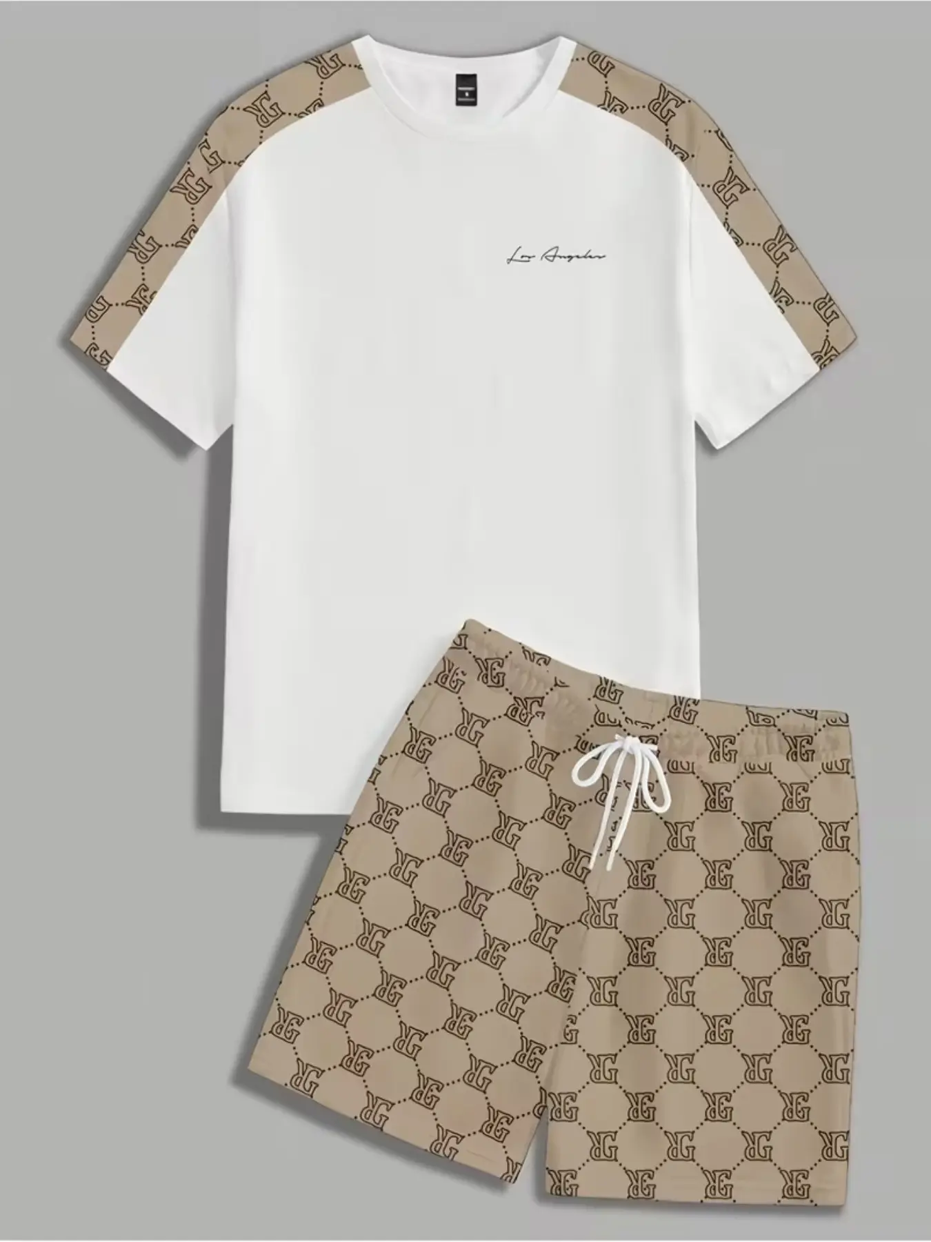 Men's Streetwear Casual Print Tee and Short Pants Set, Ideal Gift for Men and Teens, Geometric Pattern, Fitted Crop Top, Round Neck, Drawstring Shorts