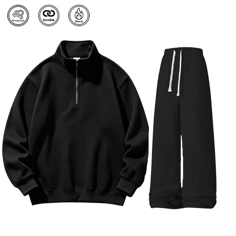 Men's 2-Piece Tracksuit Set - Casual Fleece-Lined Long Sleeve Half-Zip Hoodie and Regular Fit Solid-Color Track Pants, Hoodies