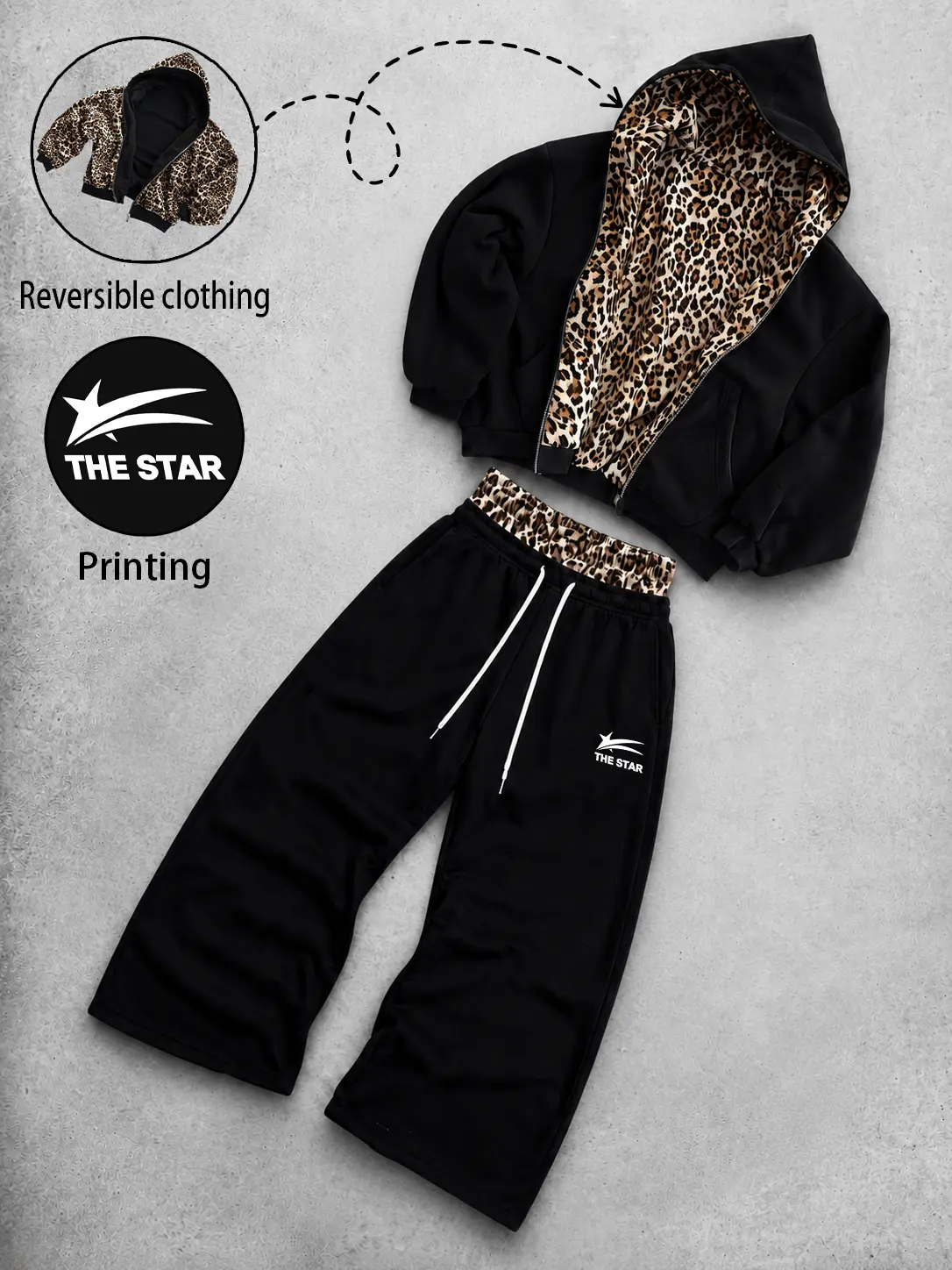 Trendy American Street Style Set Reversible Leopard Print Cropped Zip Up Hoodie and Faux Two Piece Double Waistband Sweatpants Matching Outfit Baggy Wide Leg Pants Unisex Y2K Hip Hop Casual Tracksuit for Daily Wear Lounge Travel Fall Winter Streetwear Fit