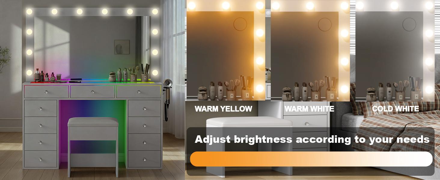 CollaredEagle Dressing Table with Power Socket, 11 Adjustable Lights, Mirror, 7 Drawers, 11 Compartments, Padded Stool for Bedroom, Walk-in Closet, White Vanity Desk Furniture