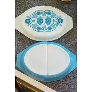 PYREX Vintage Horizon Blue Divided Apollo 11 Covered Casserole Baking Dish, Kitchen Bakeware