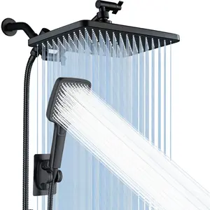 Upgraded 11.8-inch high pressure rain shower head, paired with a 3-setting handheld shower, 9.65" extension arm, 59" hose, showerhead holder, 3-way water diverter, leak-proof washer,teflon tape, bathroom accessories，chrome，black Waterfall Modern