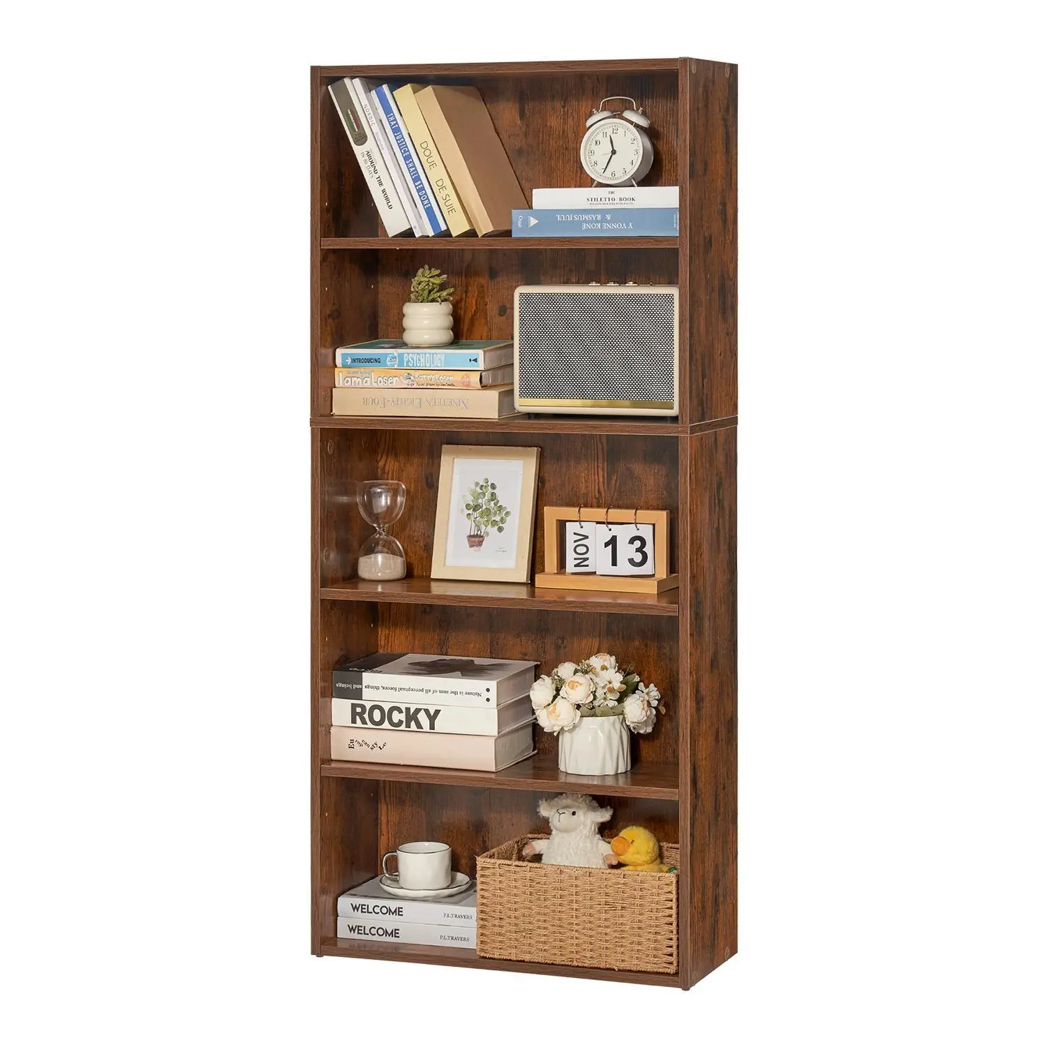 【SummerFinds】VEVOR 5 Tiers Narrow Bookshelf,  , 53 in Wooden Open Bookcase with Height-Adjustable Shelf, Freestanding Tall Display Storage Floor Bookcase Bookshelf for Library, Bedroom, Living Room, Office, Brown