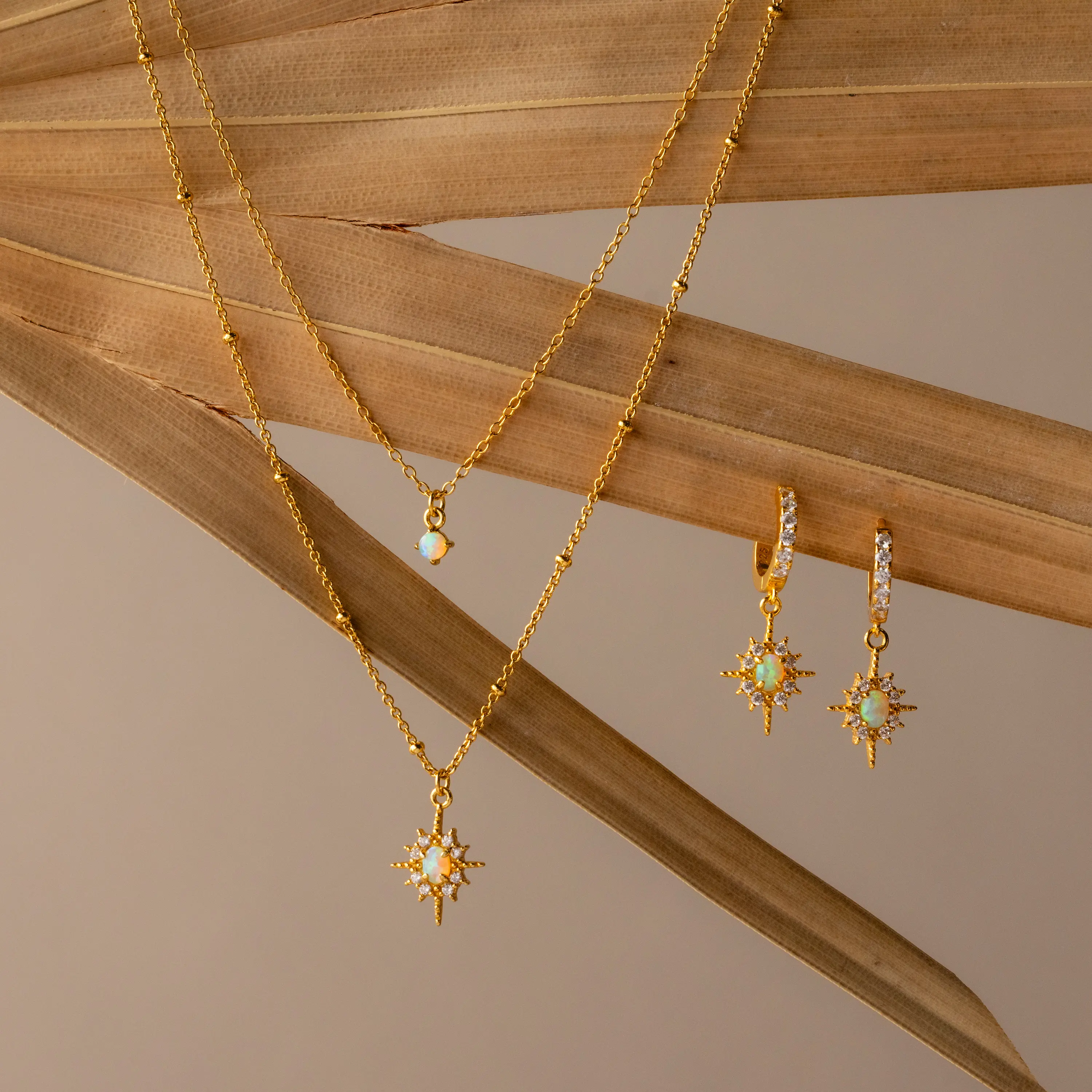Opal Star Necklace & Earrings Set by Caitlyn Minimalist - Set of 2: Layered Opal Starburst Necklace & Pave Starburst Huggies - Celestial Jewelry Set in Gold & Silver - Best Friend Gift