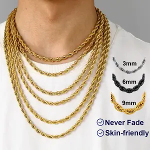 U7 Twist Rope Chain Necklace Daily Casual Punk Hypoallergenic No Tarnish Unisex Stackable Stainless Steel 3/6/9mm Chain Necklace for Men Women Hip Hop Jewelry